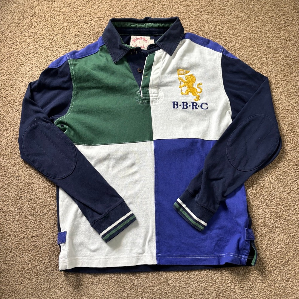 Vintage Brooks Brothers Rugby Polo Shirt Mens Large Colorblock Elbow Patches Y2K
